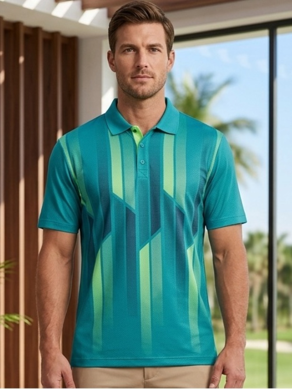 Men's Teal Geometric Polo Shirt